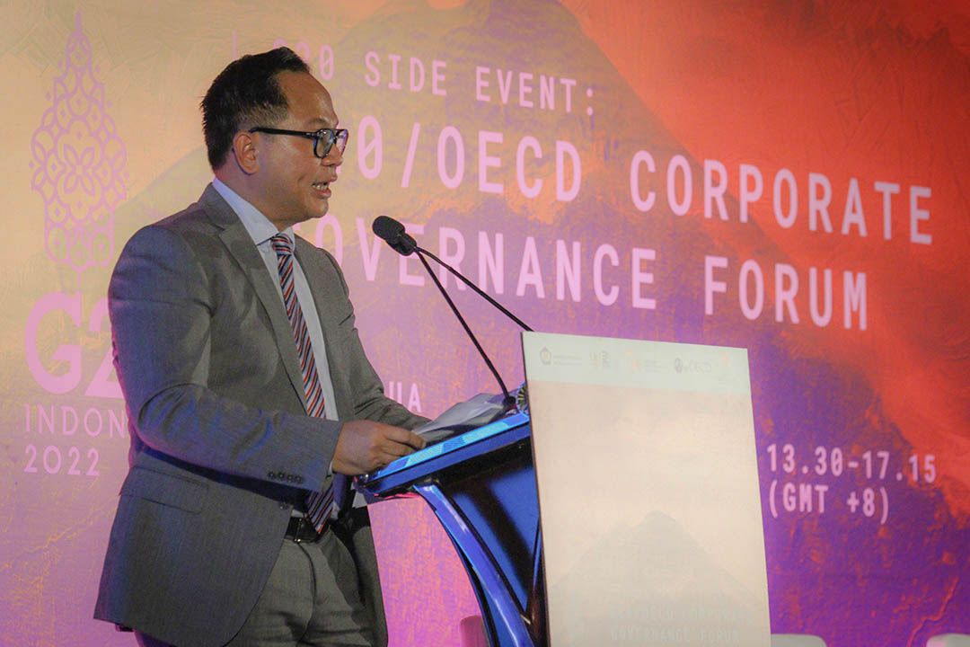 Wakil Menteri BUMN II, Kartika Wirjoatmodjo dalam keynote speech pada acara The G20/OECD Corporate Governance Forum di Bali International Convention Center, Nusa Dua Bali, Kamis (14/07) lalu.