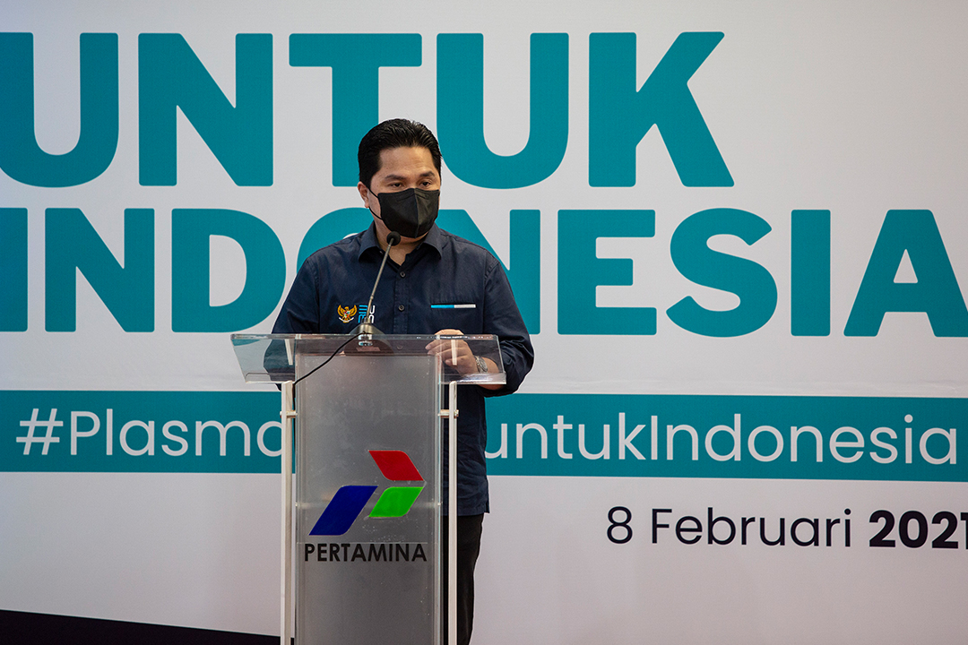 Menteri BUMN Erick Thohir, memimpin launching program Plasma BUMN untuk Indonesia di Kantor Pusat Pertamina, Jakarta Pusat, Senin (8/2)